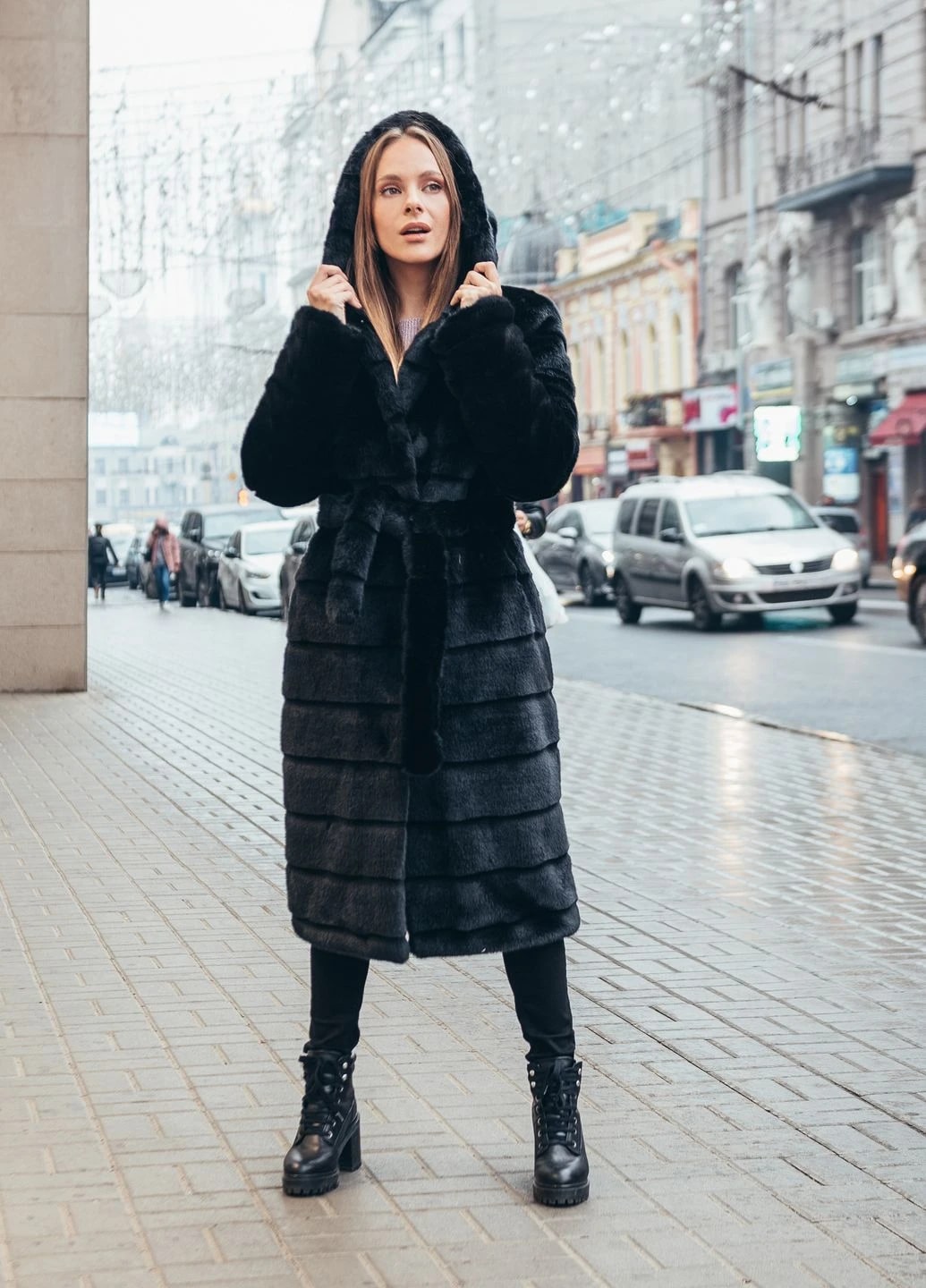 Шуба з поперечного еко хутра з капюшоном 084-2 чорна – Photo 2